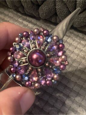 Purple Floral Statement Stretchy Ring Elegant Sparkling Accent
